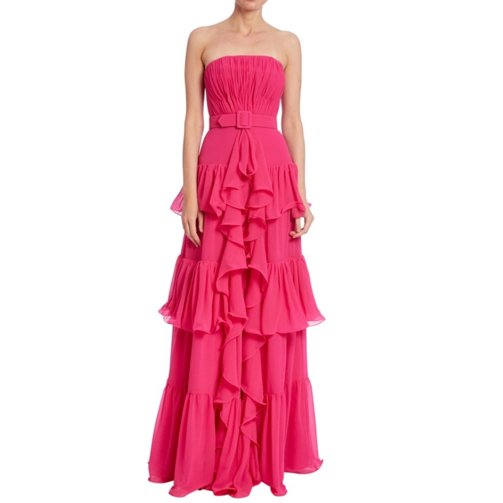 Badgley Mishka Strapless Tiered Ruffle Gown with Belt